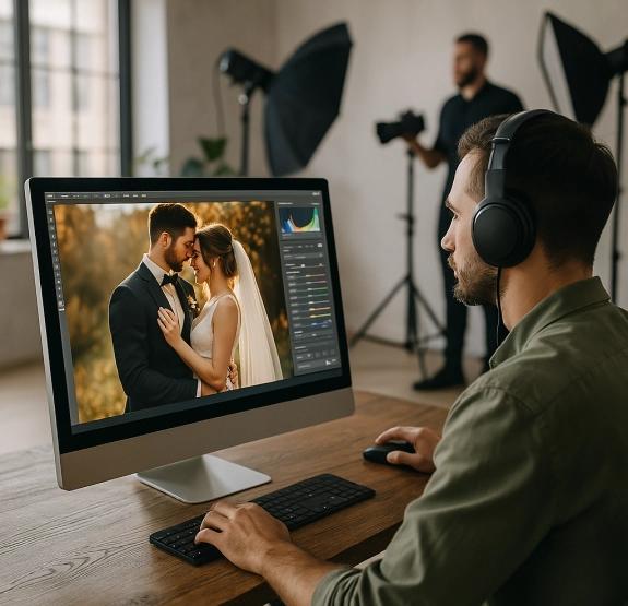 Bride reviewing camera images with wedding photographer after event