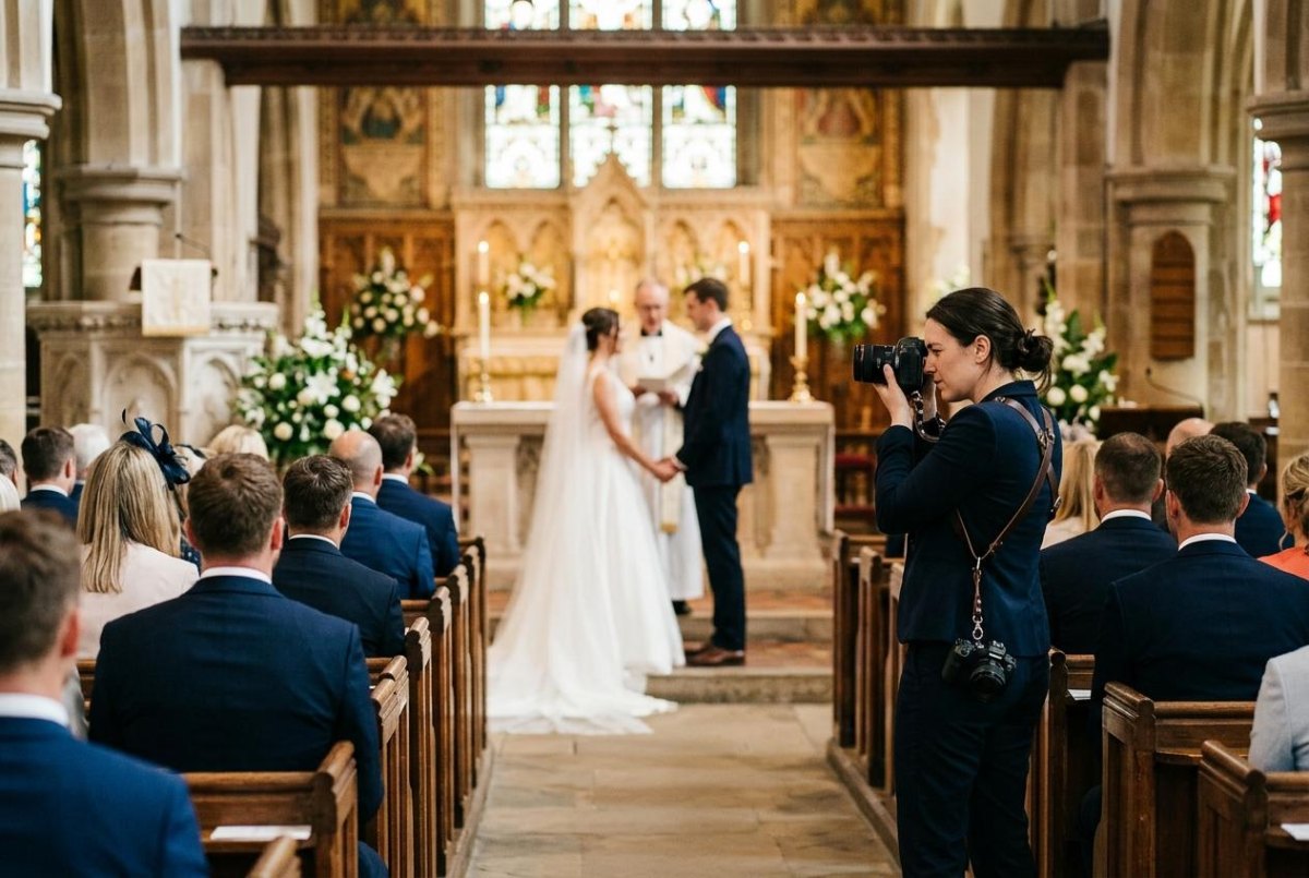 Wedding photographer capturing ceremony moments inside a church
