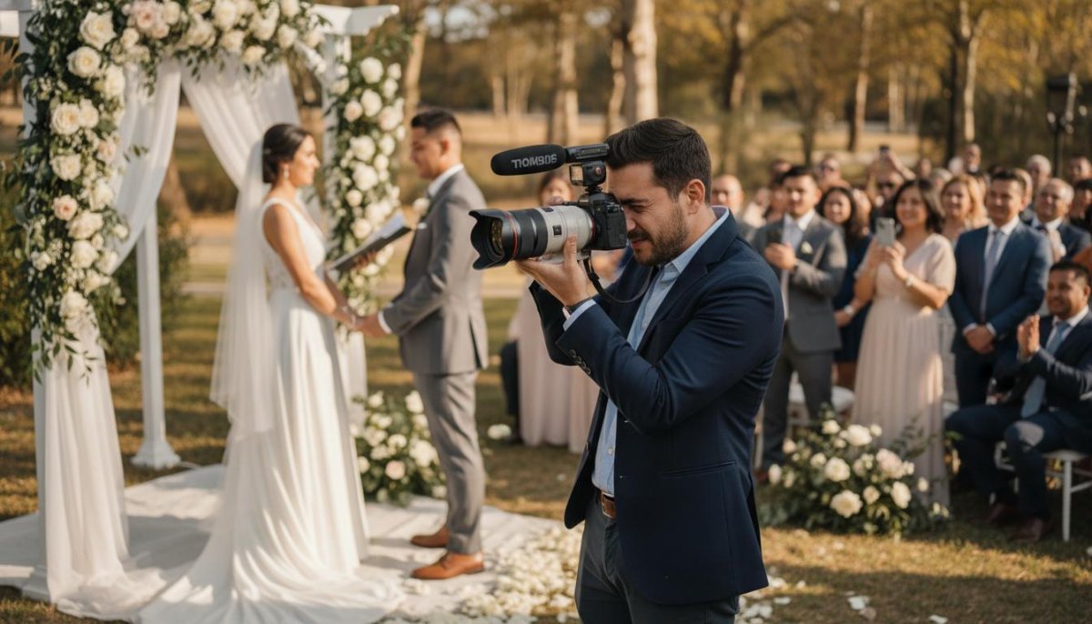 Wedding photographer documenting an outdoor wedding ceremony moment