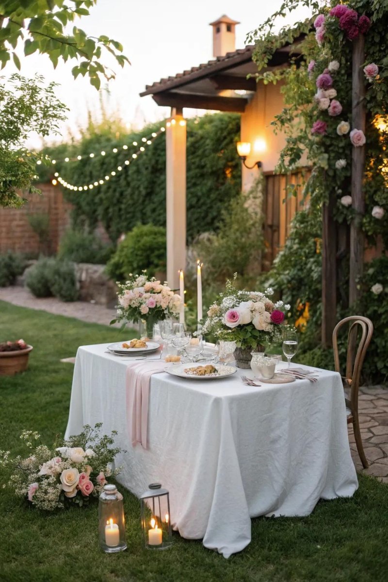 Backyard elopement dinner table candles