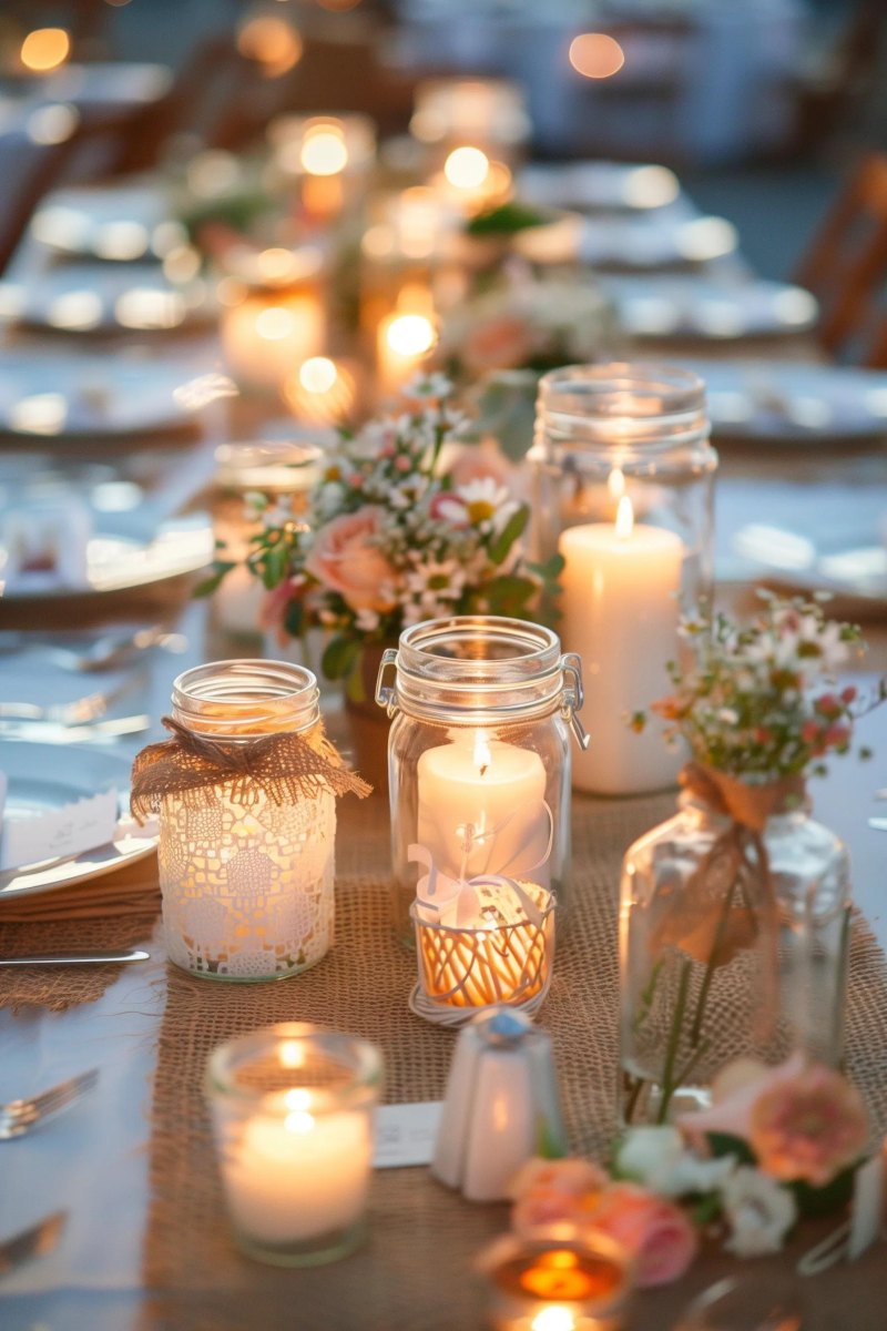 Mason jars glowing with wedding candles