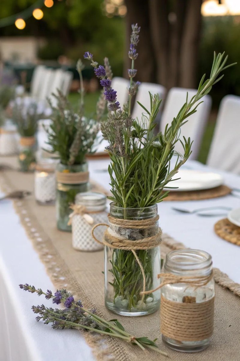 Herb filled mason jars wedding decor