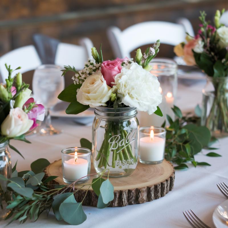 Seasonal mason jar wedding centerpiece