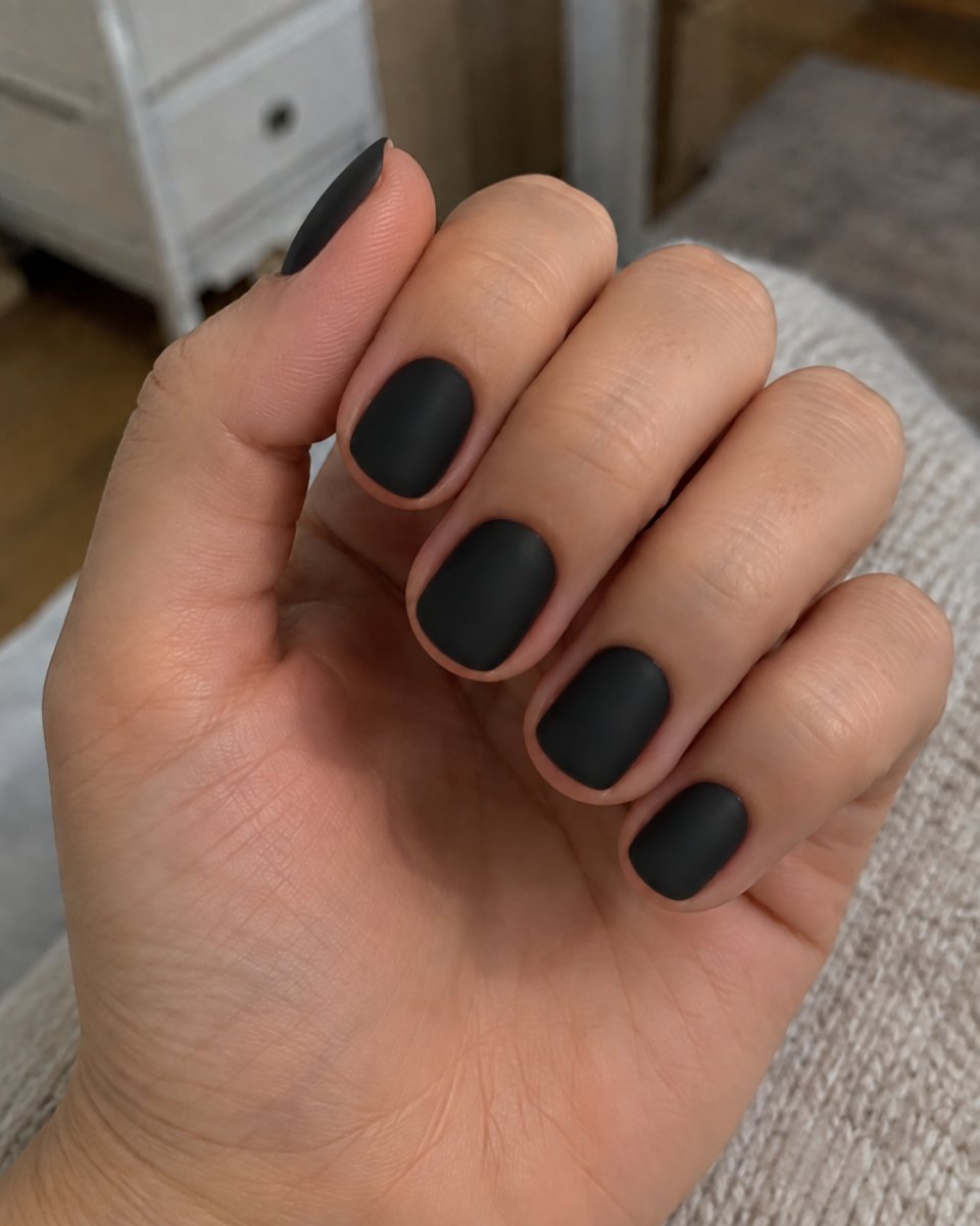 Matte black short shellac nails