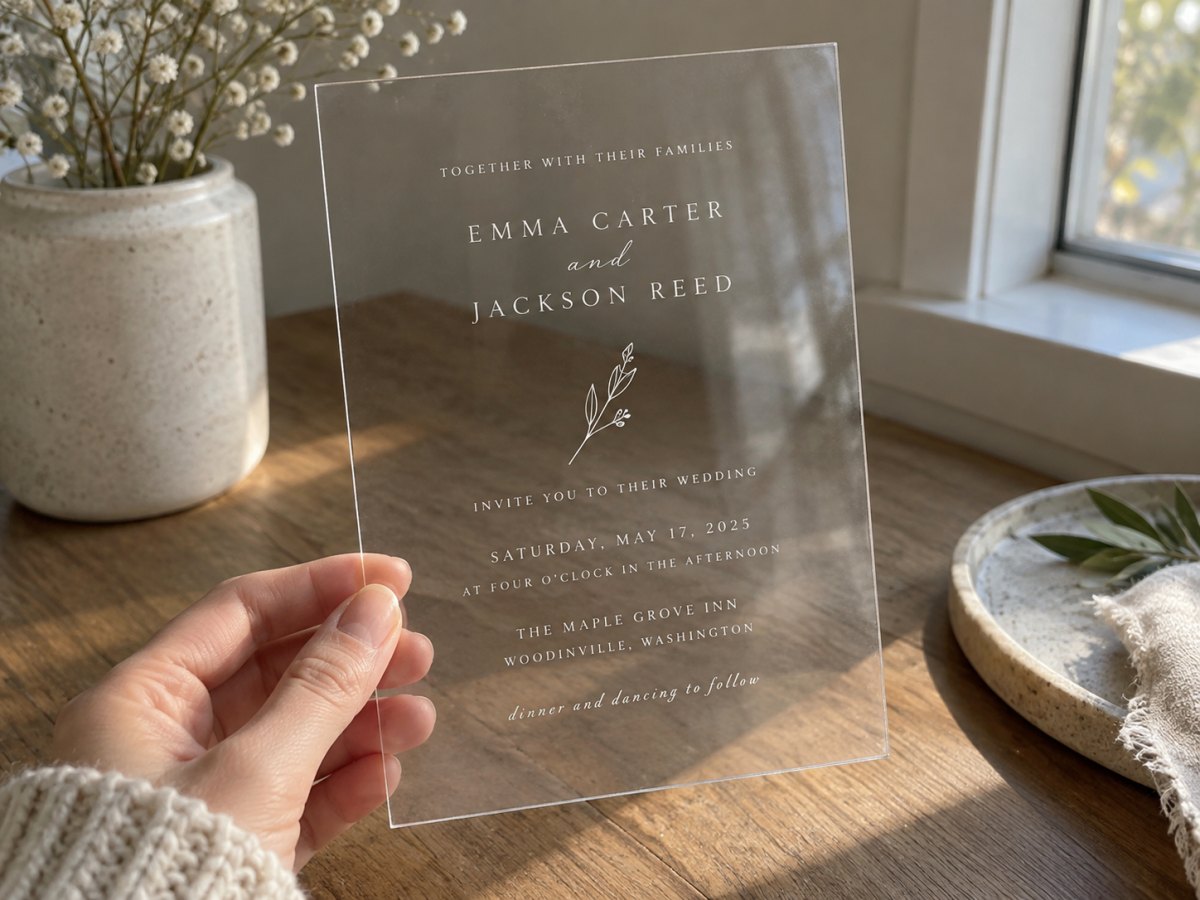 Minimal clear glass wedding invitation