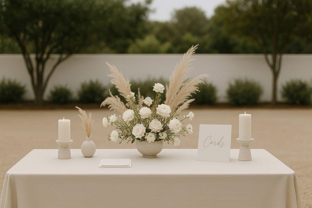 Minimalist neutral wedding welcome table