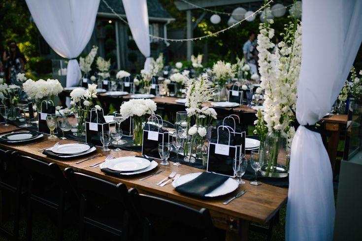 Modern black white backyard wedding decor