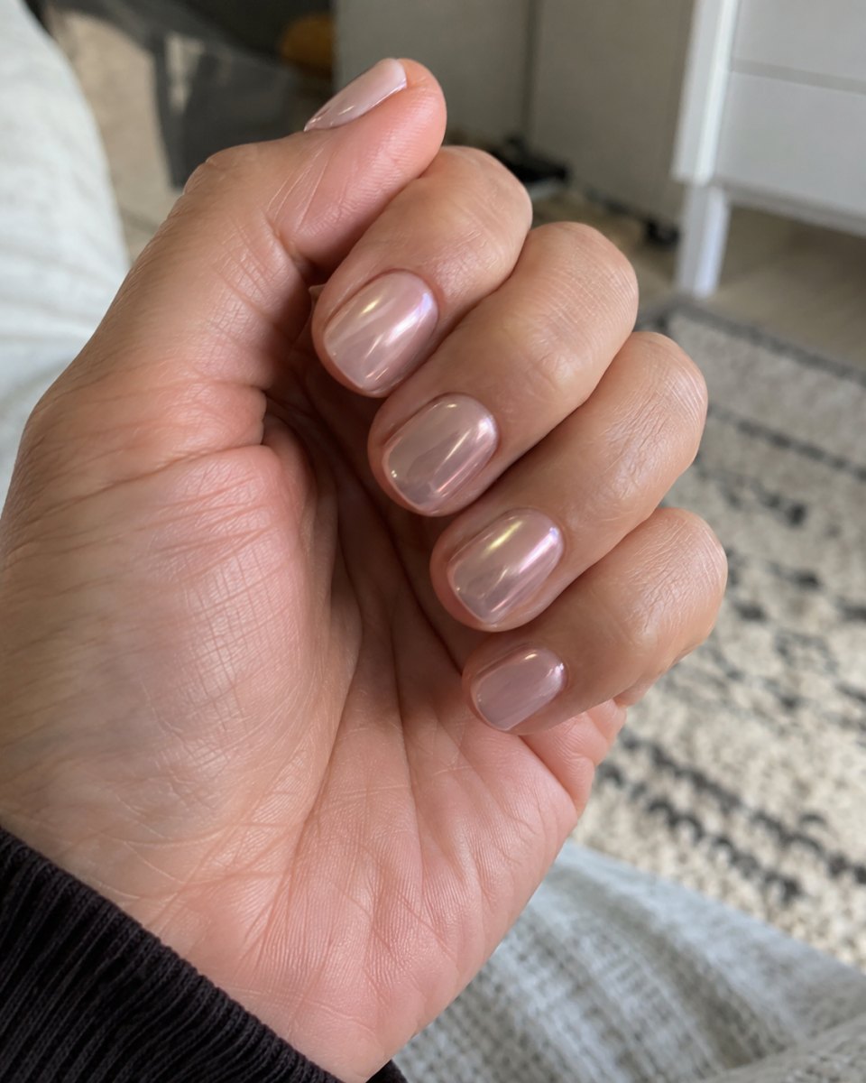 Chrome touch short shellac nails