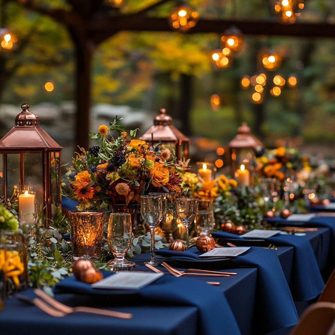 Navy copper fall wedding invitation details