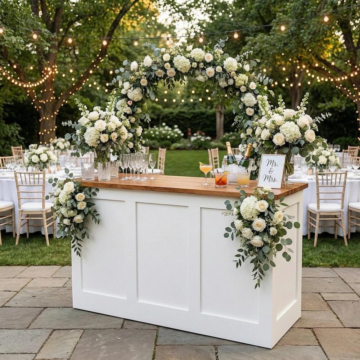 Outdoor wedding bar beverage station