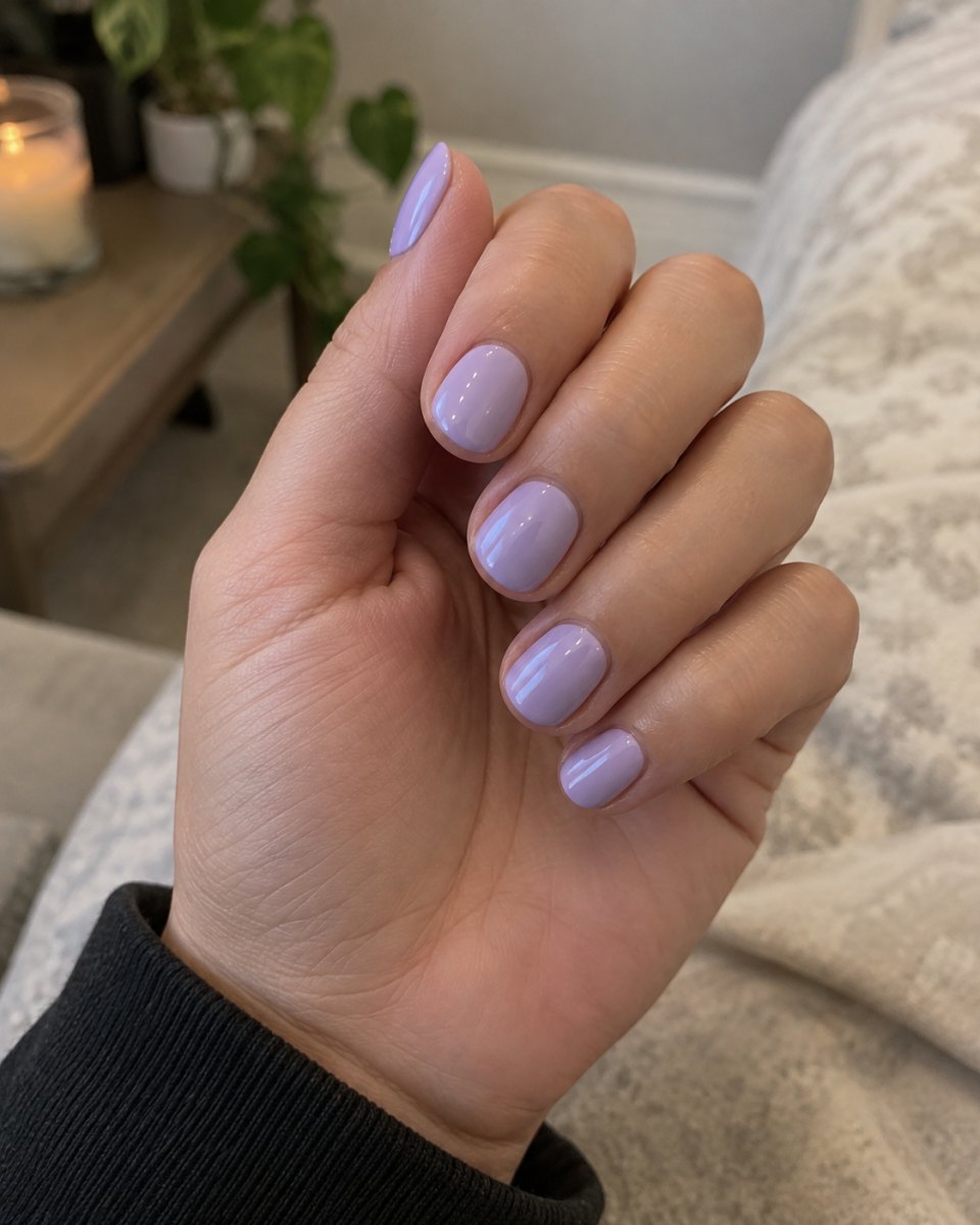 Pastel lavender short shellac nails
