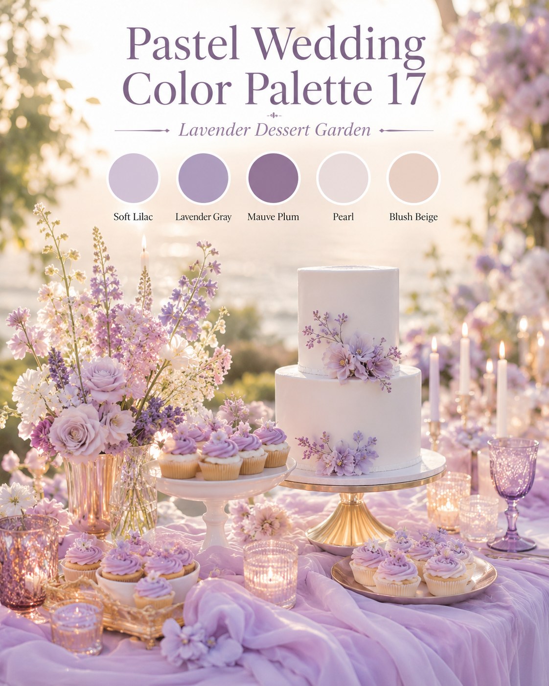 Lavender and mauve dessert table styled in the pastel wedding color palette 17 palette