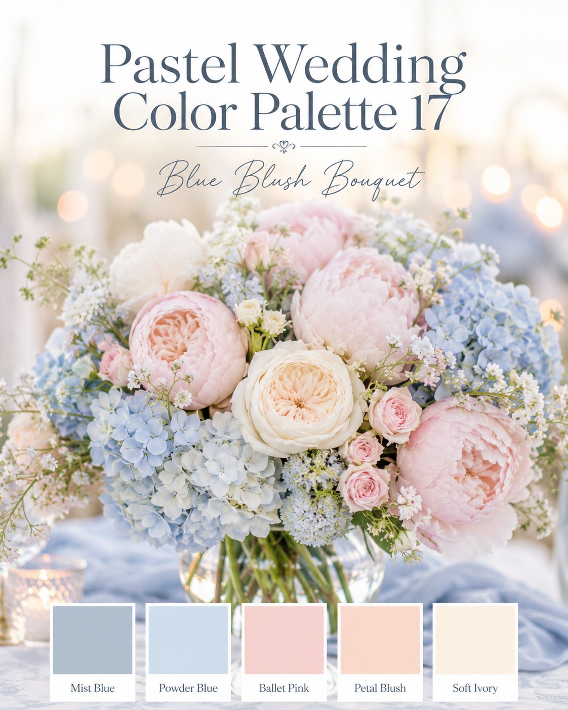 Blue and blush peony centerpiece representing the pastel wedding color palette 17 bouquet style