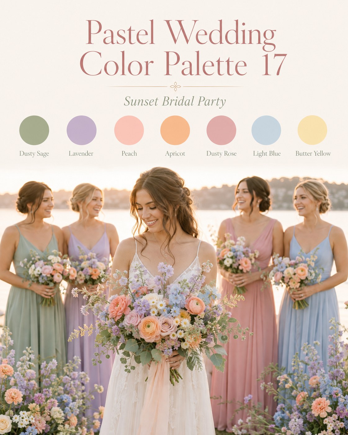 Bridesmaids in seven mismatched pastel dress tones from the pastel wedding color palette 17 sunset party
