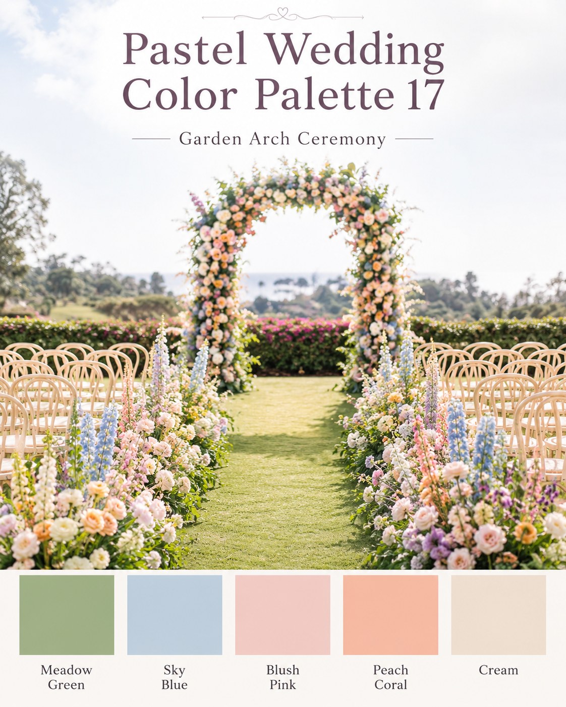 Meadow green and sky blue floral arch from the pastel wedding color palette 17 ceremony collection