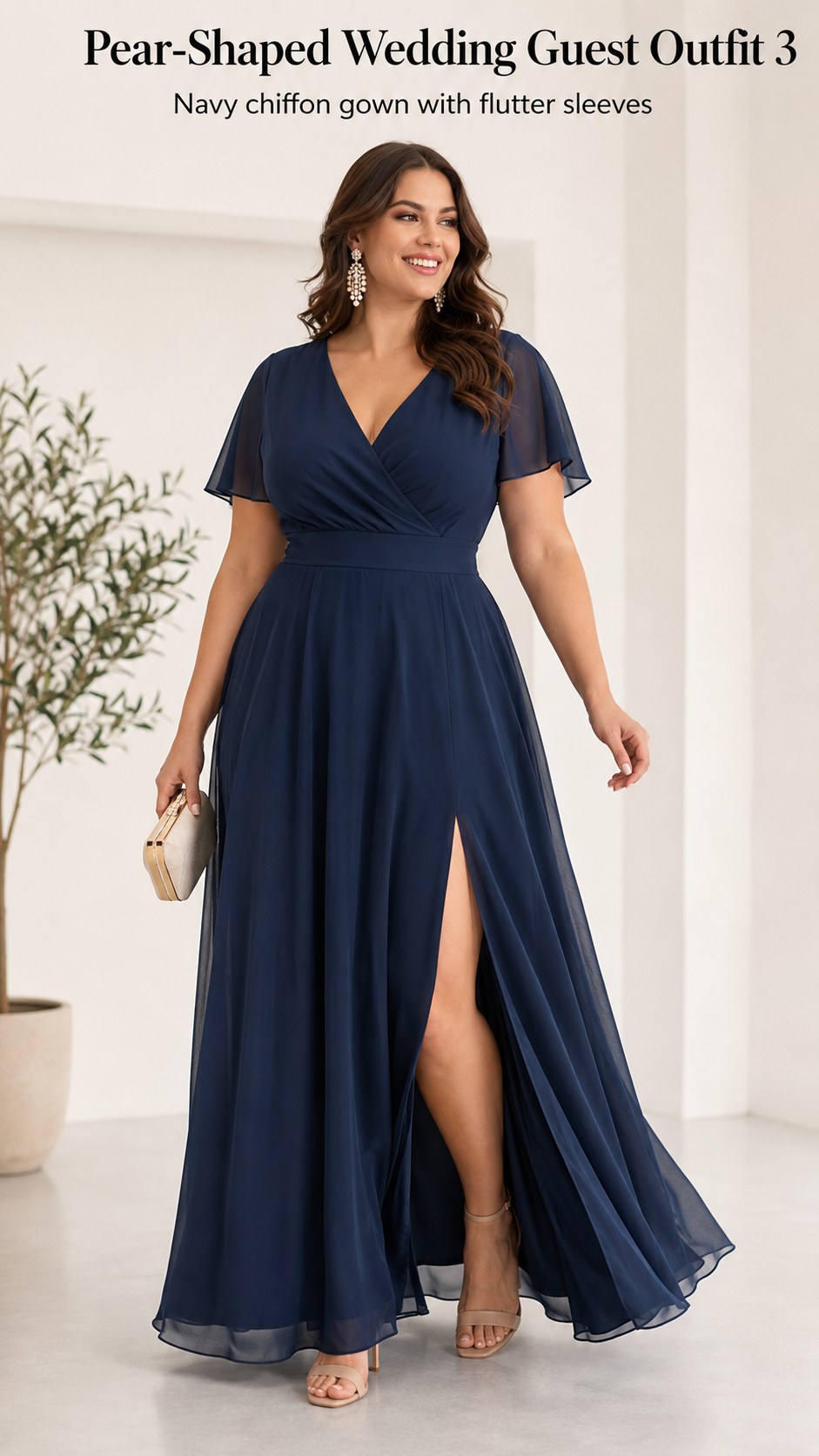 Navy chiffon gown with flutter sleeves demonstrates a wrap-bodice pear-shaped wedding guest outfit