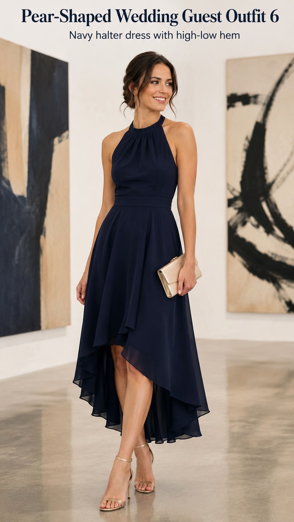 Navy halter dress with a high-low hem is a striking pear-shaped wedding guest outfit choice
