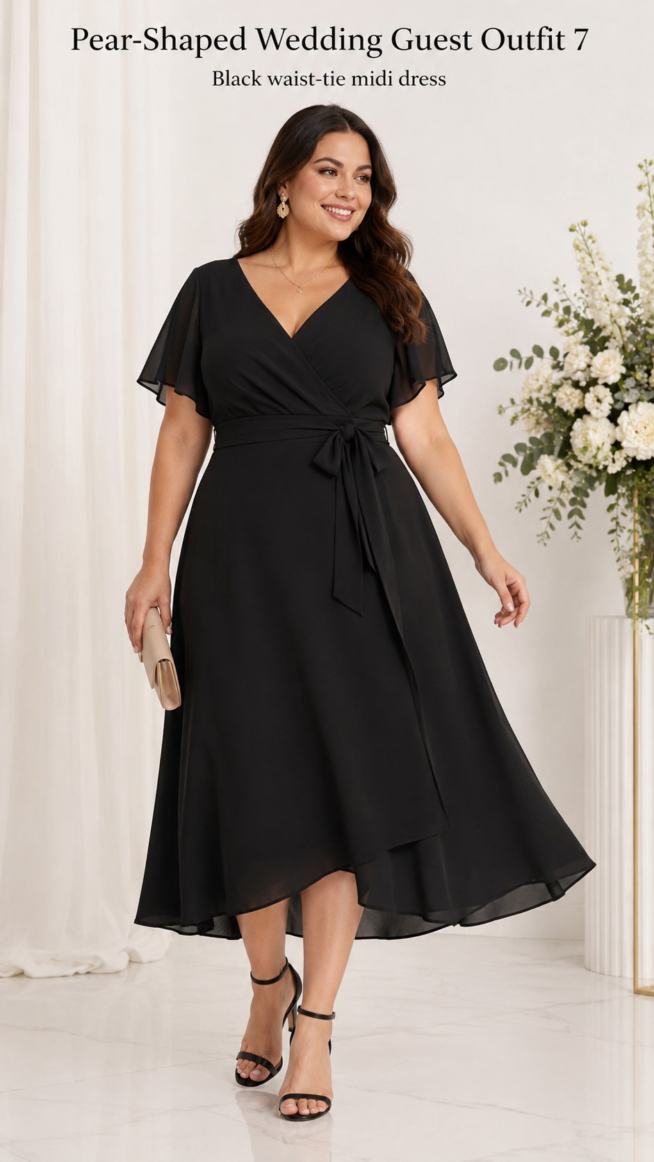 Black wrap midi dress with a tie waist is a flattering pear-shaped wedding guest outfit for any season