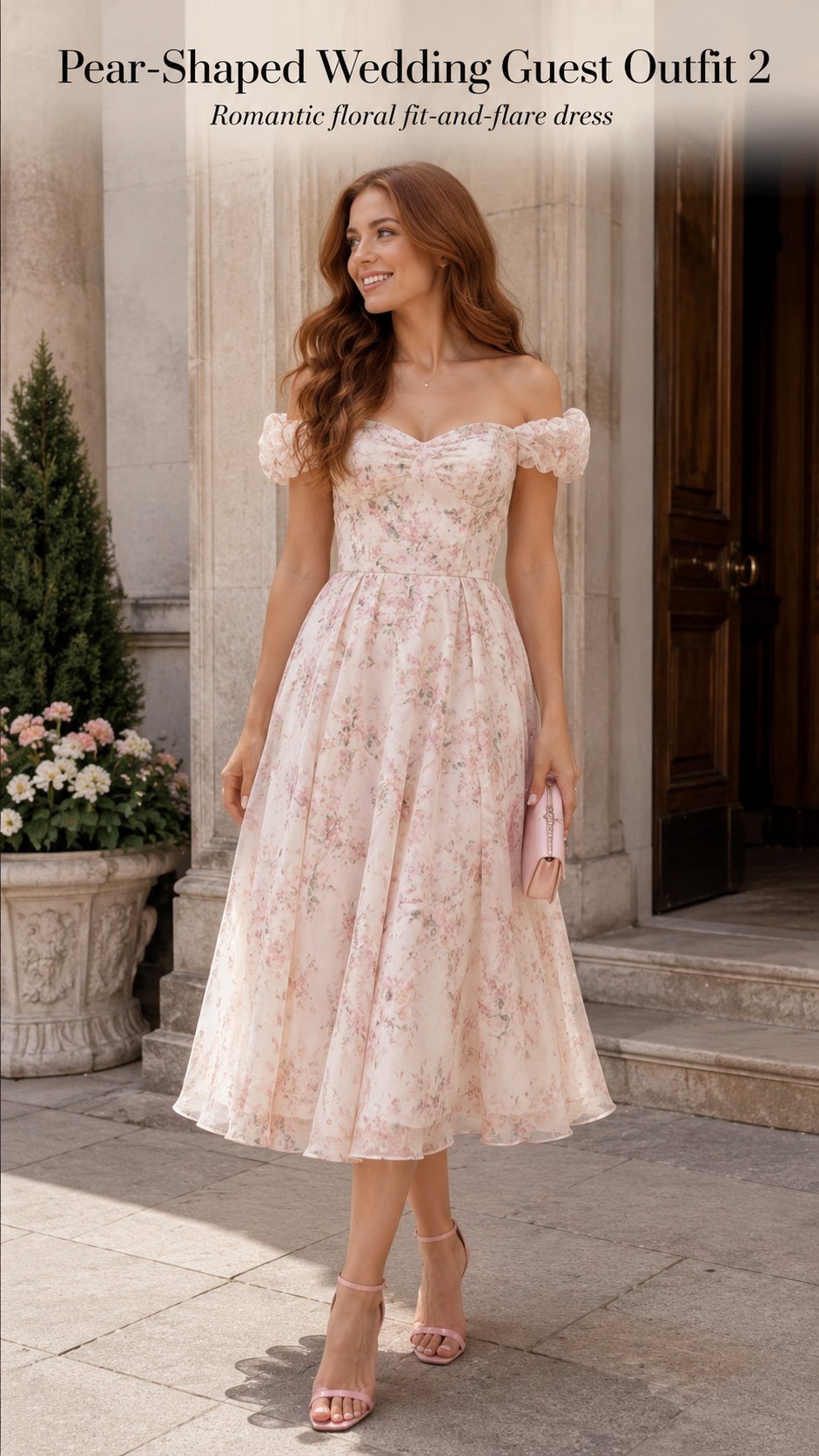 Romantic floral fit-and-flare dress shown as a soft pear-shaped wedding guest outfit with off-shoulder sleeves