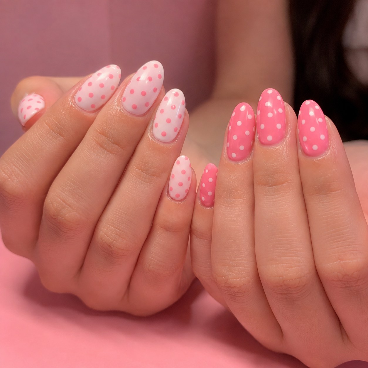 Pink and white polka dot short nails in an alternating two-tone pattern