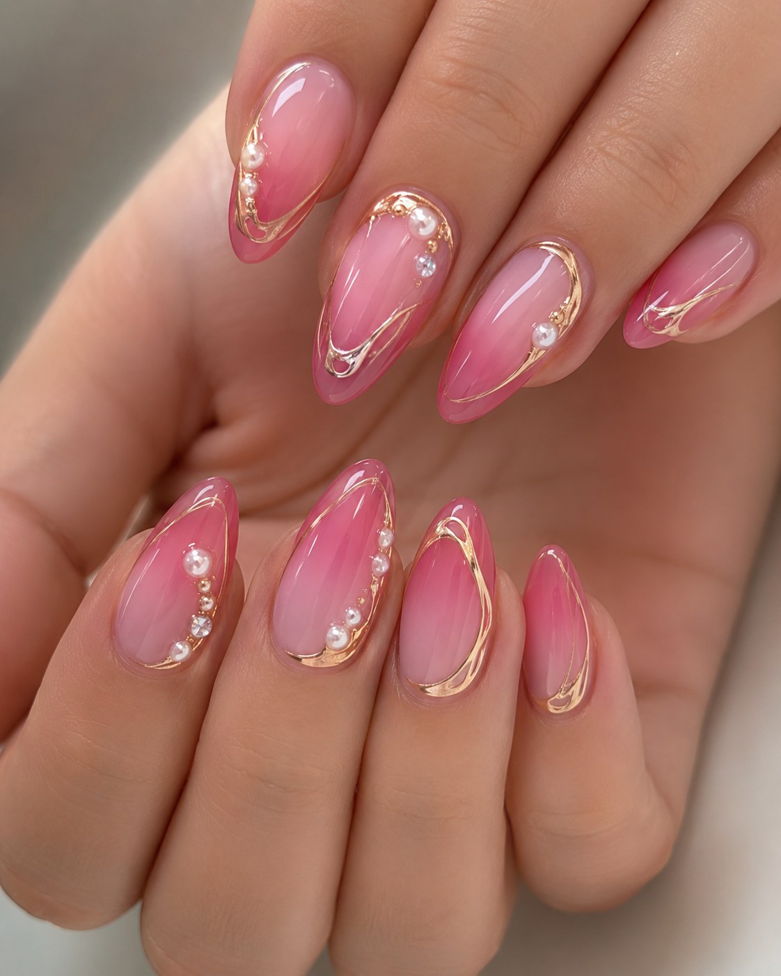 Pink ombre short nails with gold swirl line art and small pearl accents