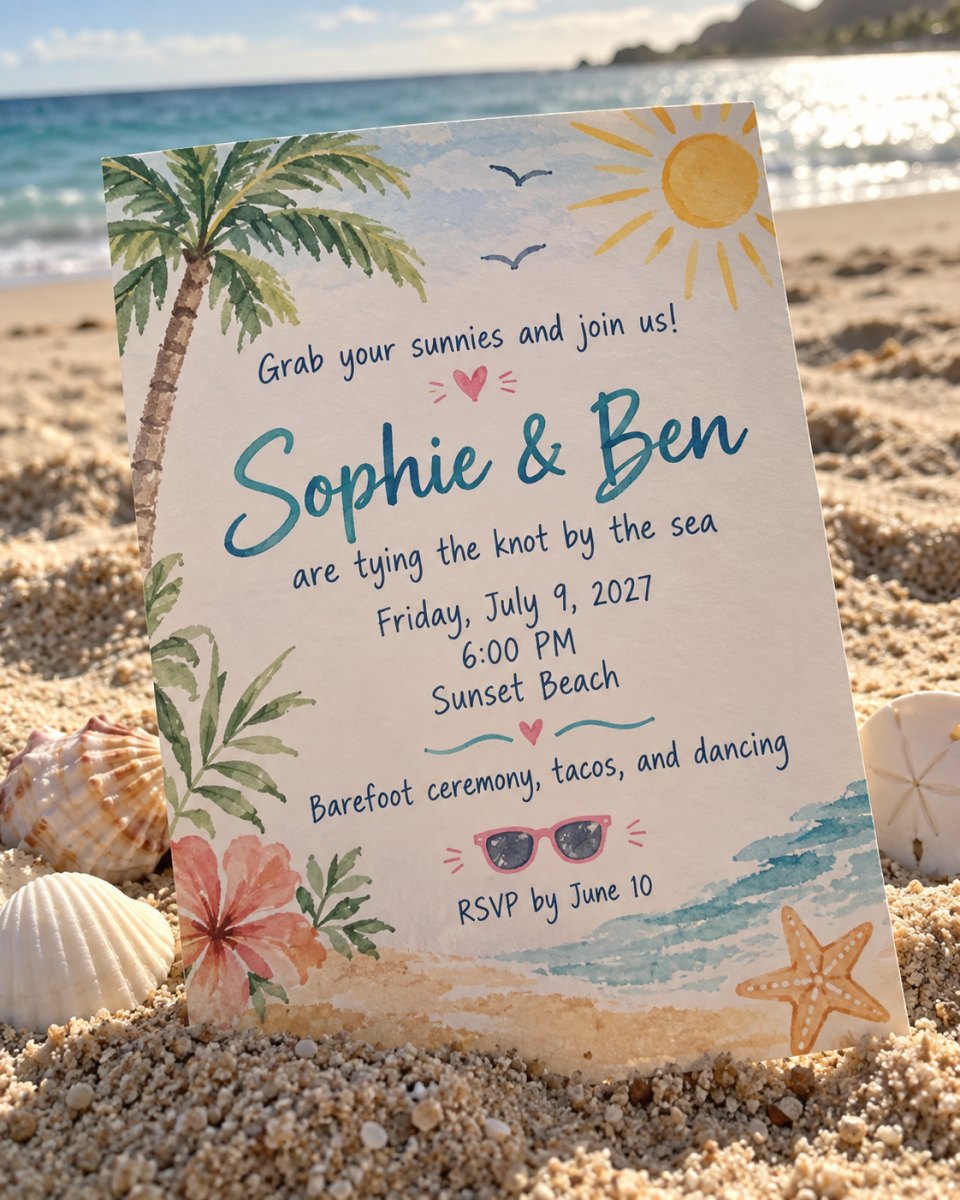 Beach wedding invitation with playful design