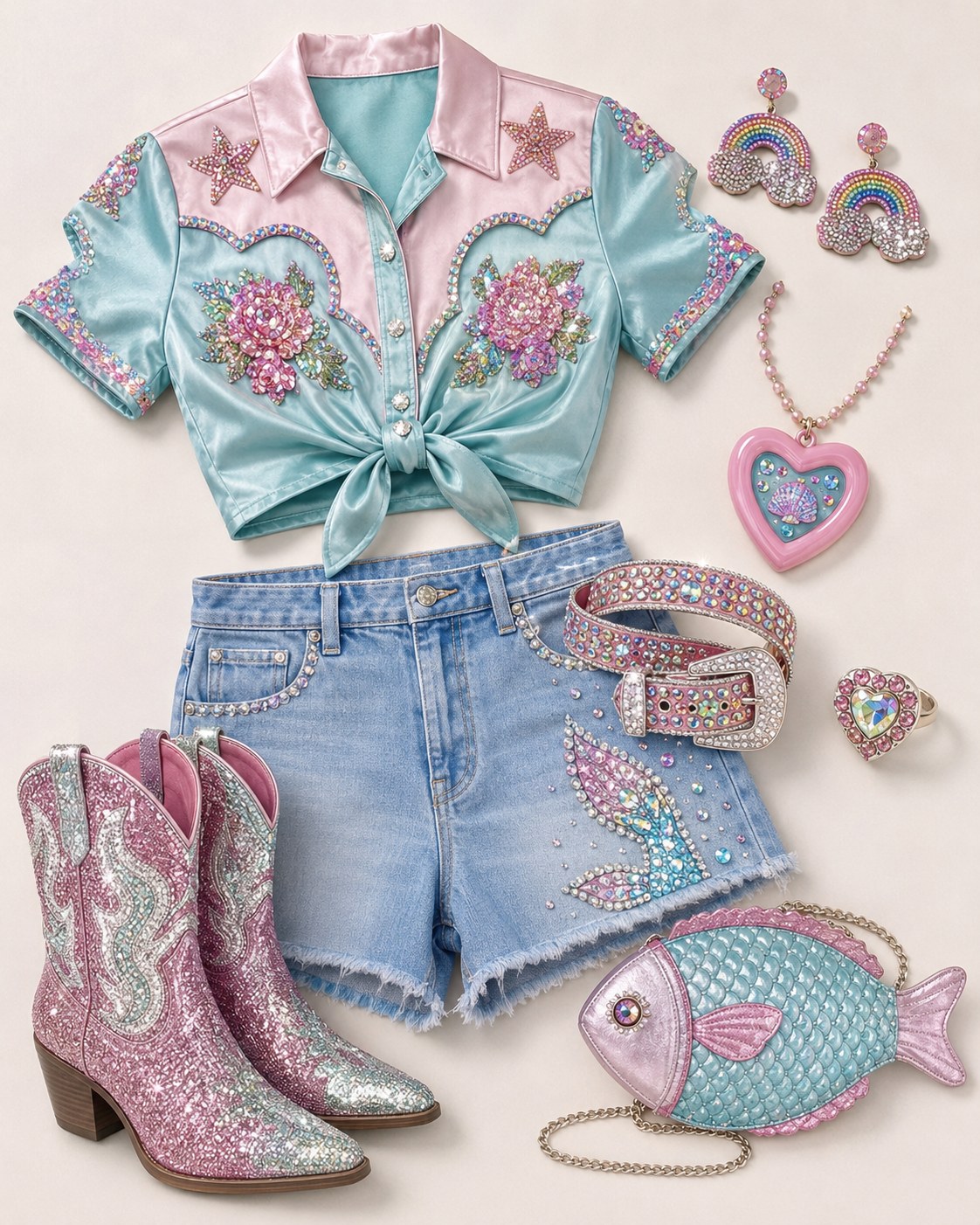 Sparkly western pride outfit idea with sequin shirt, glitter boots, and rhinestone denim