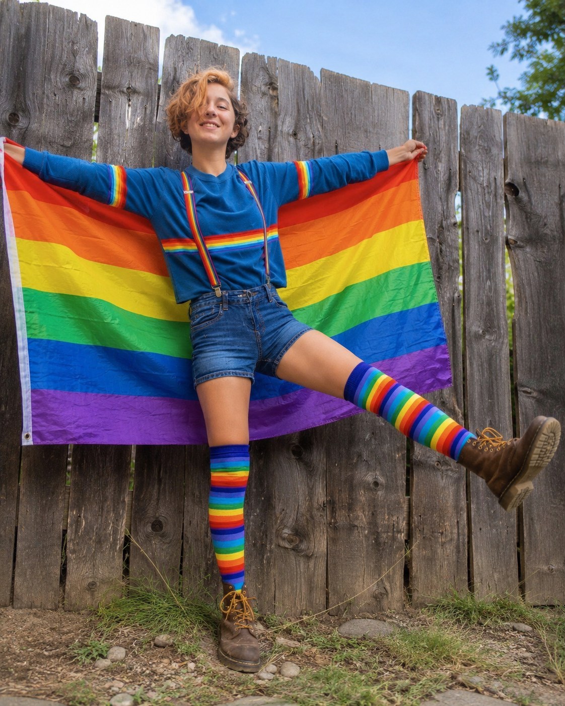 Pride outfit idea using an actual rainbow flag draped as a cape over denim shorts