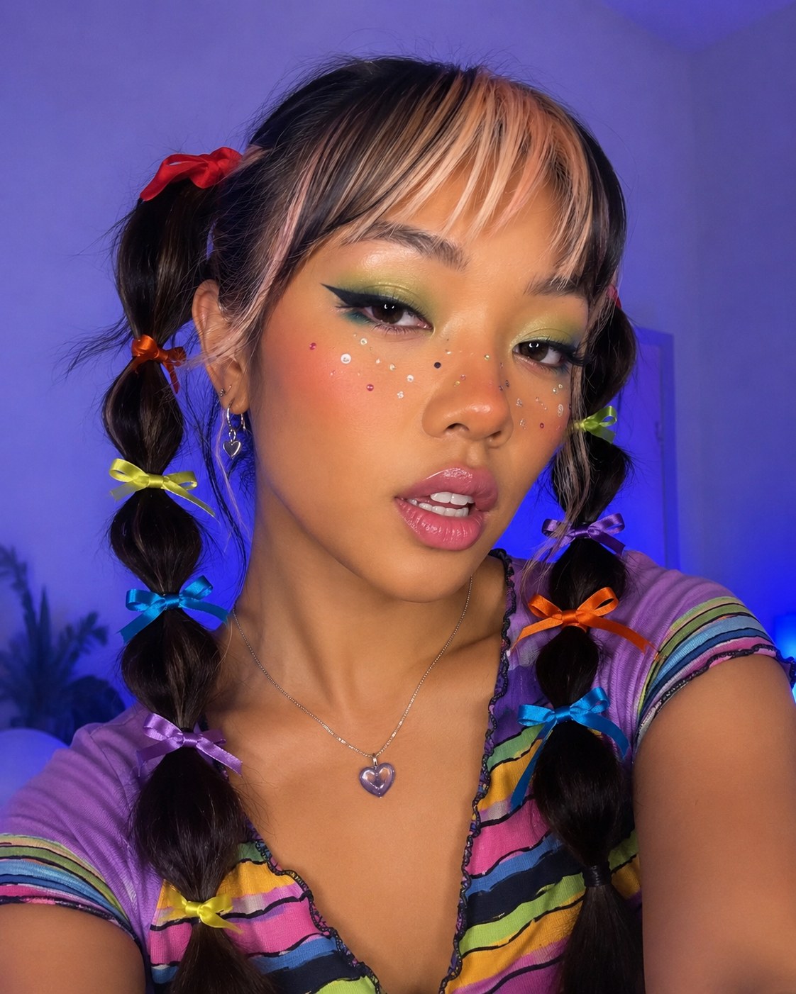 Pigtail braids with rainbow bows and glitter makeup as a pride outfit beauty idea
