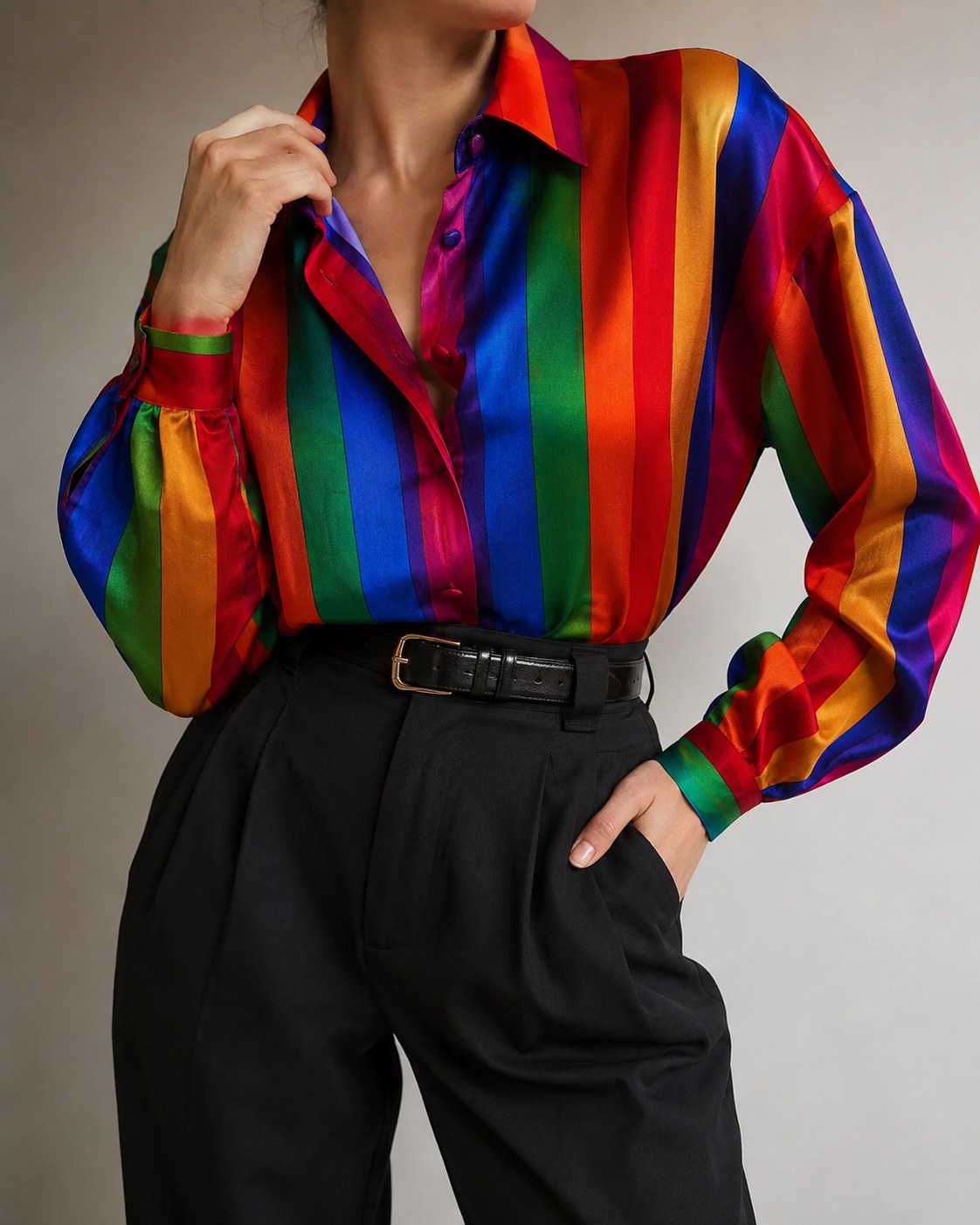 Rainbow striped silk blouse tucked into black trousers for a chic pride outfit idea