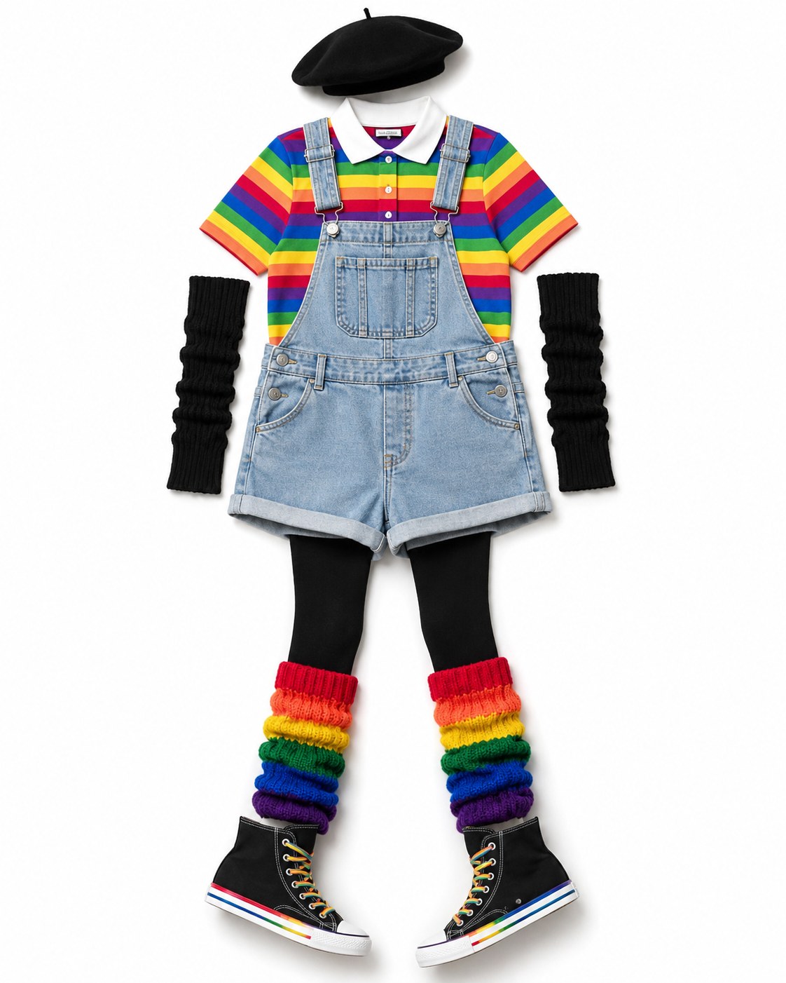 Rainbow polo and overalls with beret and leg warmers, a playful pride outfit idea
