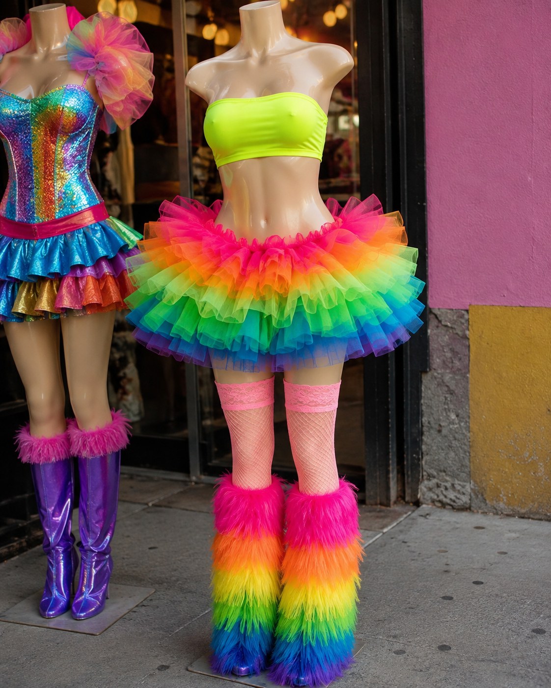 Neon bandeau and rainbow tulle tutu with fuzzy leg warmers, a festival pride outfit idea