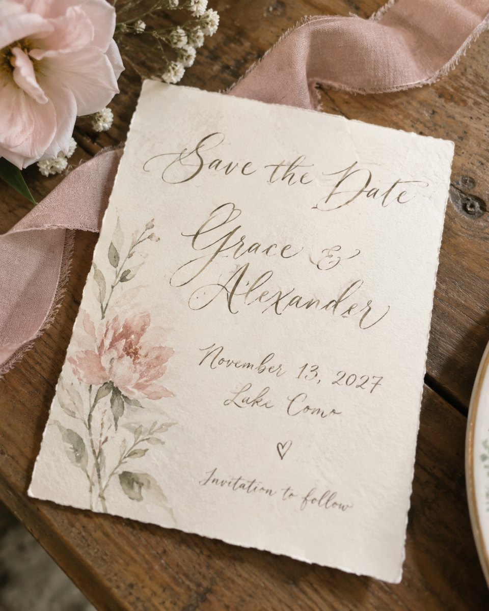 Romantic calligraphy save date card