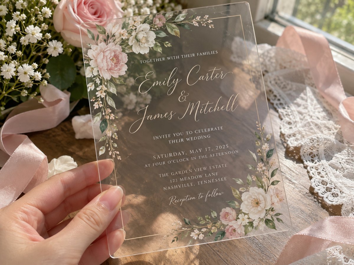Romantic clear floral wedding invitation