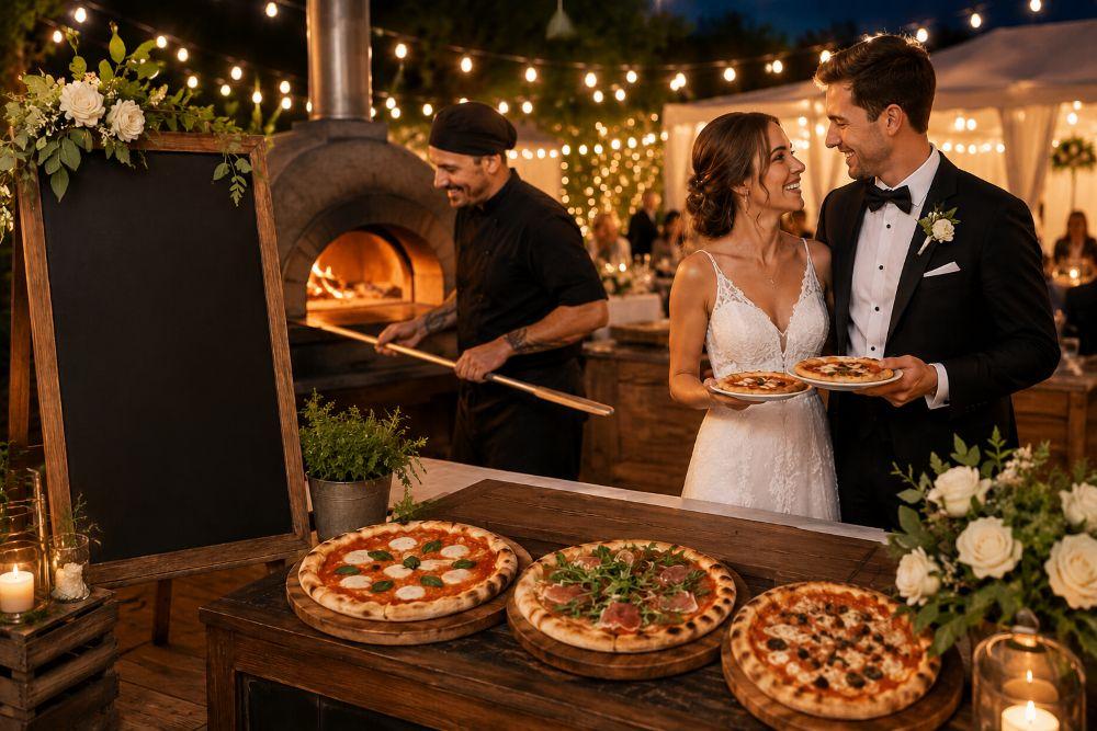 Rustic wedding pizza station