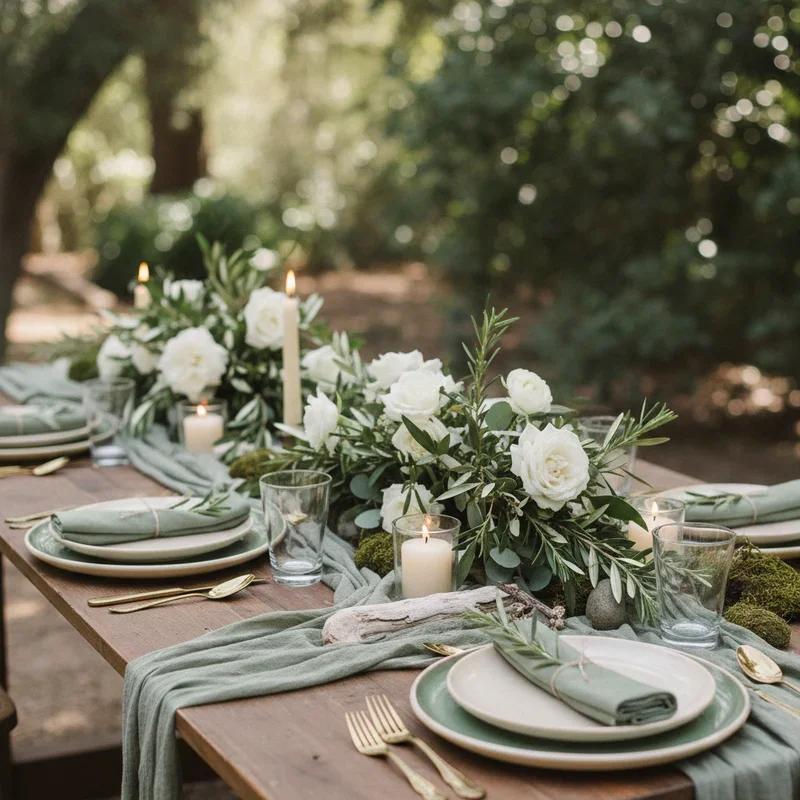 Sage green white garden wedding decor