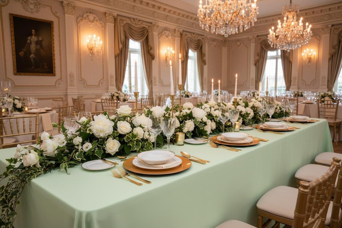 Sage green white wedding reception table