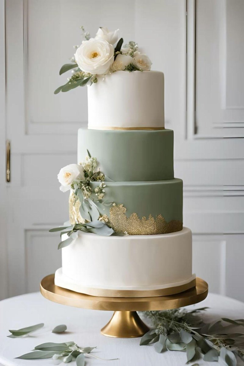 Sage green white wedding cake display