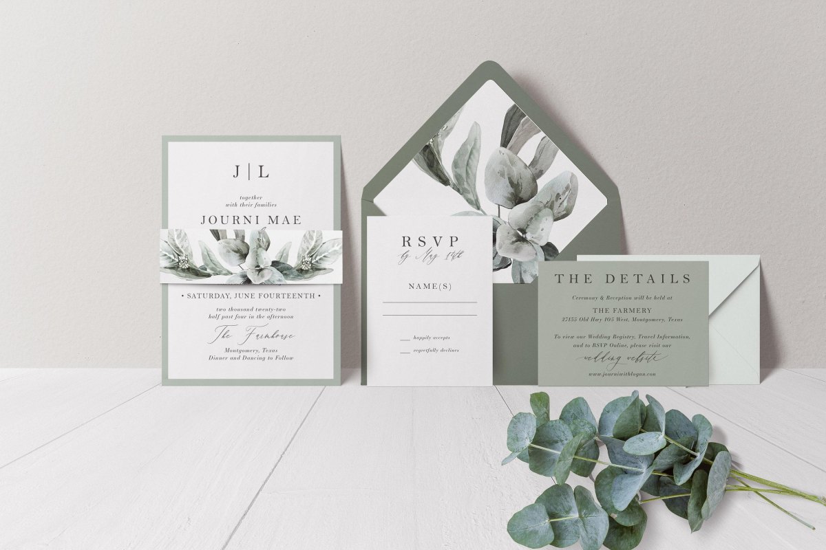 Sage green white wedding invitation suite