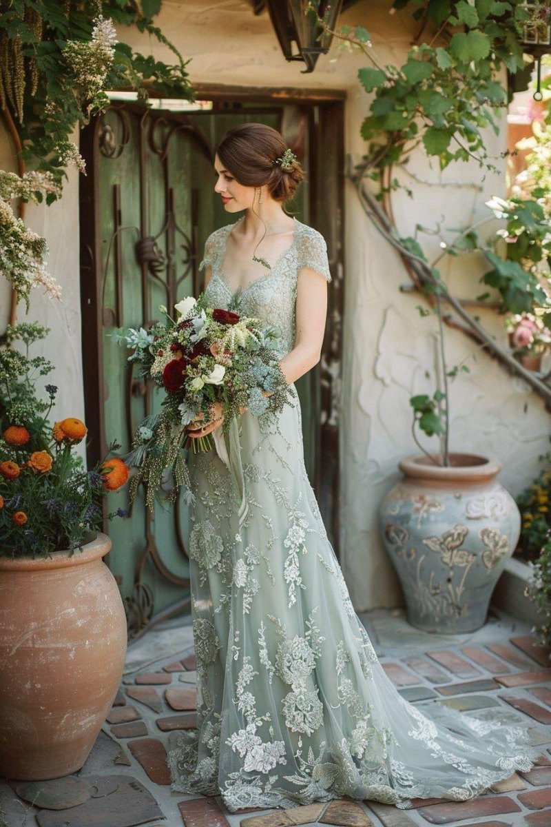 Boho wedding dress with sage theme