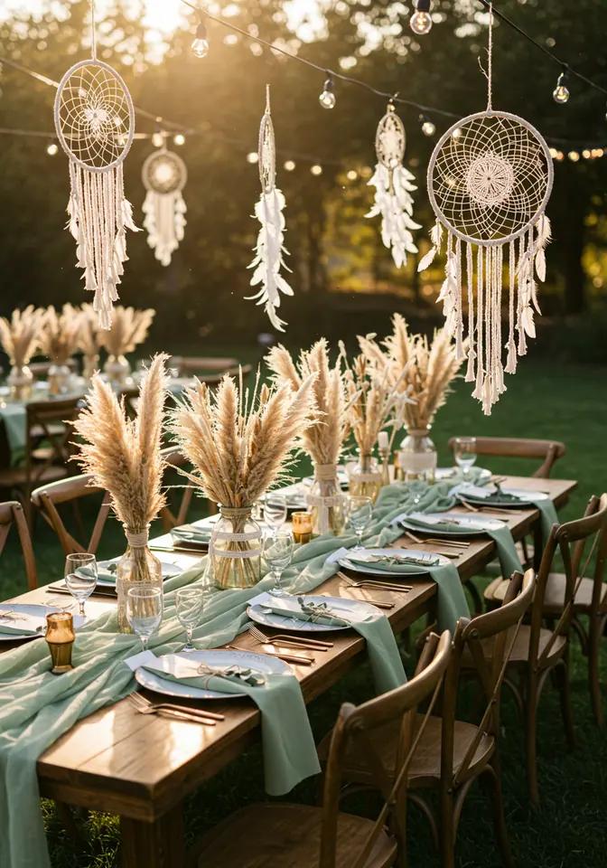 Sage green boho wedding reception decor