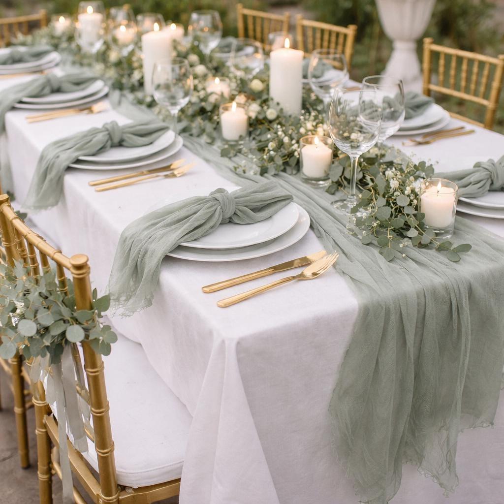 Sage green boho wedding table setting