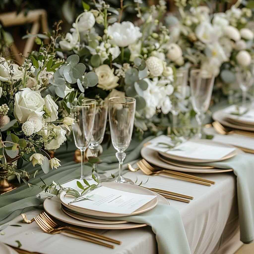 Sage green floral centerpiece wedding table