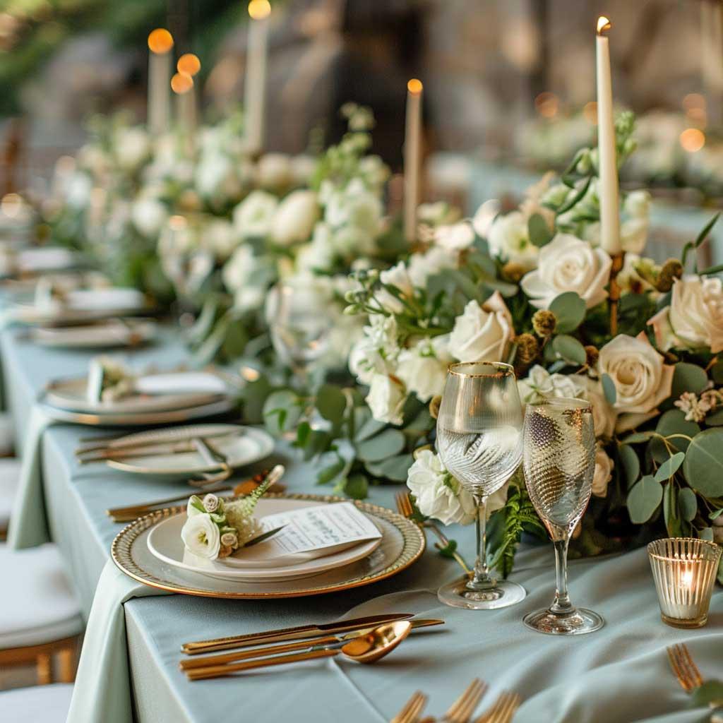 Sage green wedding table with gold accents