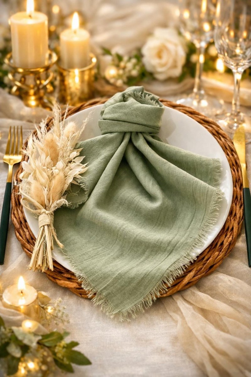 Sage green linen textured wedding table