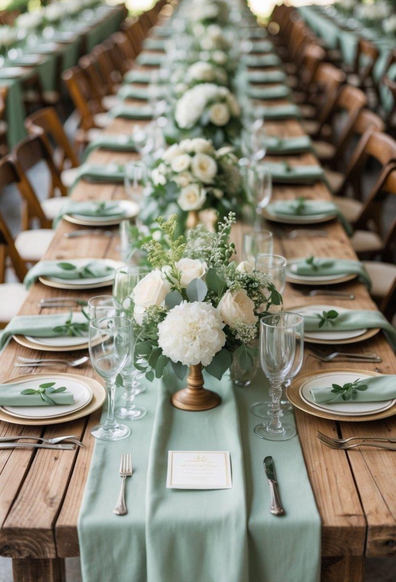Sage green wedding table with wood elements