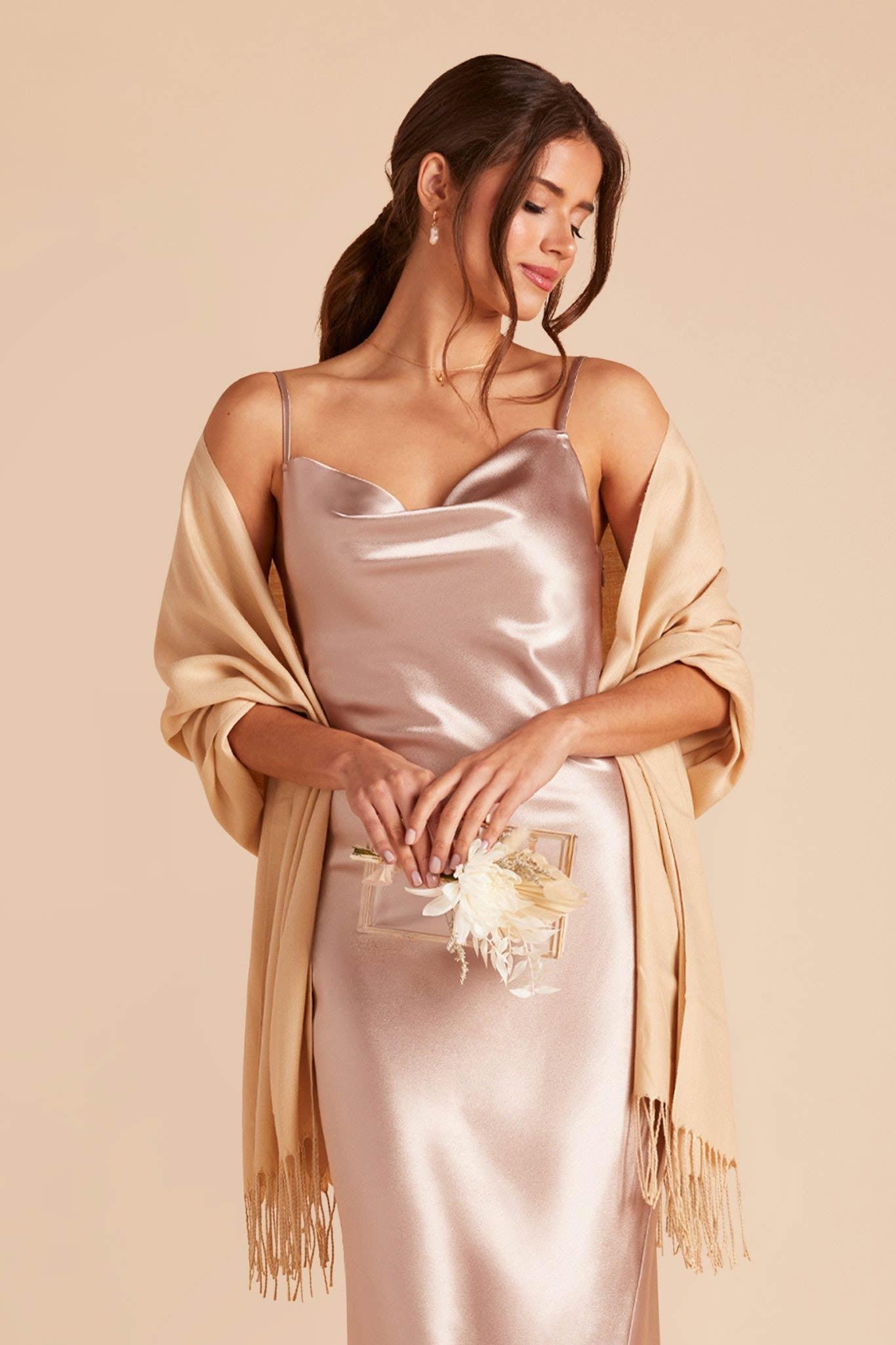 Satin slip dress with autumn wedding wrap