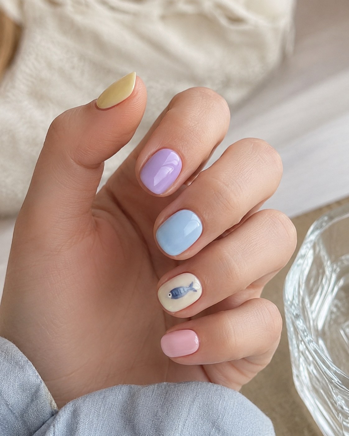 Short summer nails in pastel color-block yellow, lilac and blue with a fish accent nail