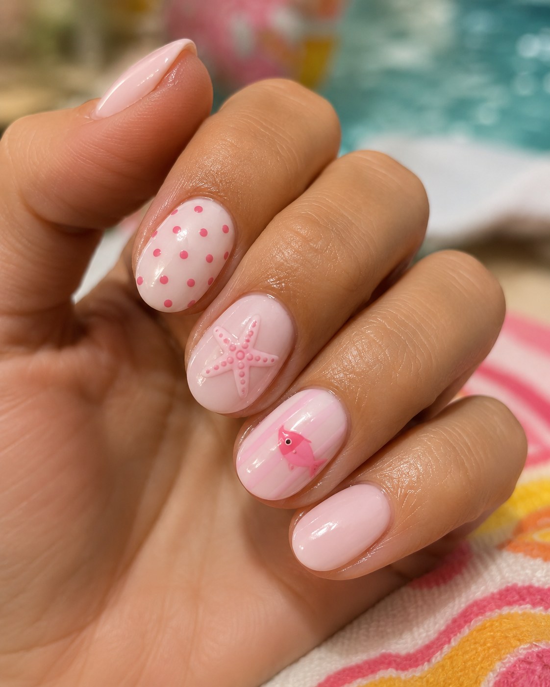 Short summer nails in soft pink with polka dots, a starfish and a fish charm accent