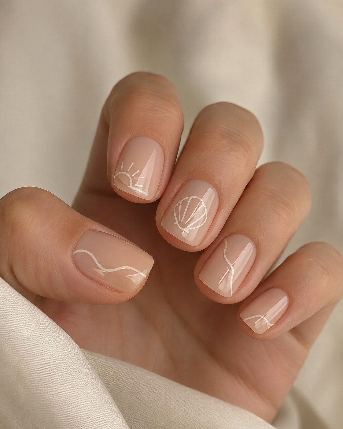 Short summer nails with sheer nude base and fine white line art beach motifs